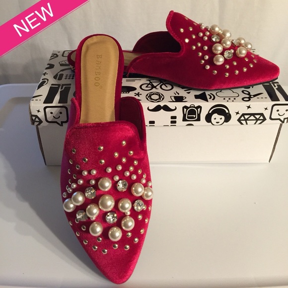 BAMBOO Shoes - Red Velvet Pearled Mule